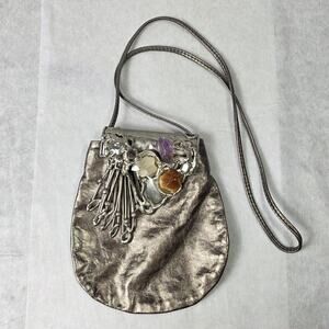 VTG Brutalist Handcrafted Pewter Leather Shoulder Bag Mixed Crystals Copa Collec